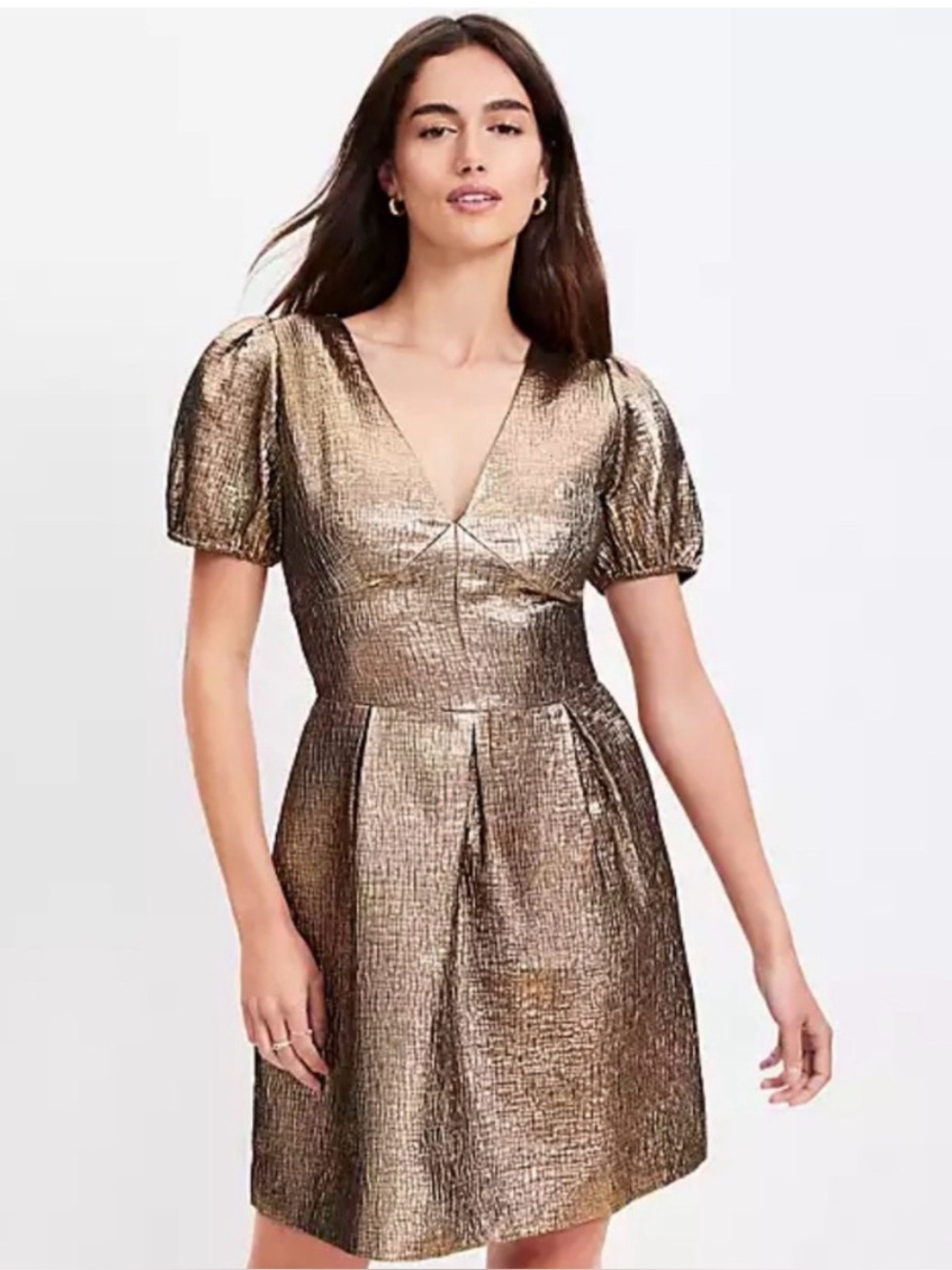 Loft Metallic Jacquard V-Neck Mini Flare Cocktail Dress Gold Size 12